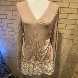 LOGO by Lori Goldstein Beige Button Down Shirt with Lace Hem